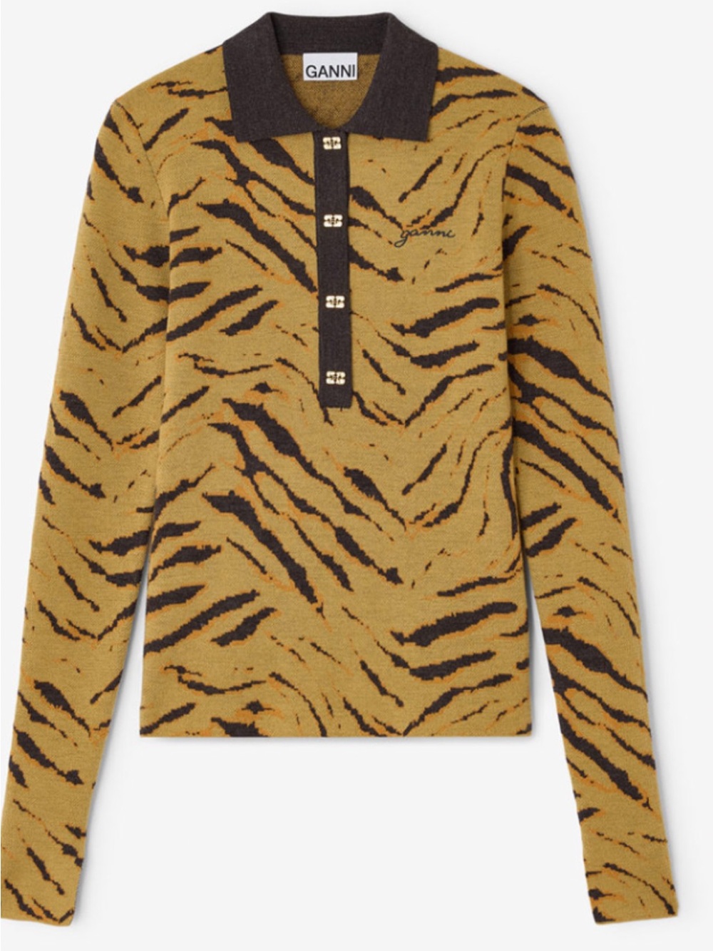Ganni Mustard & Black Tiger-Print V-Neck Polo Sweater